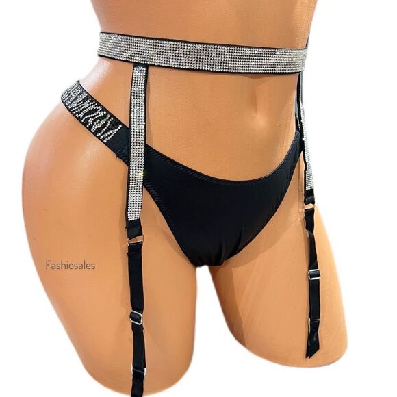 Victorias Secret Rhinestones Shine strap garter belt & panty set black zebra S - Picture 5 of 5
